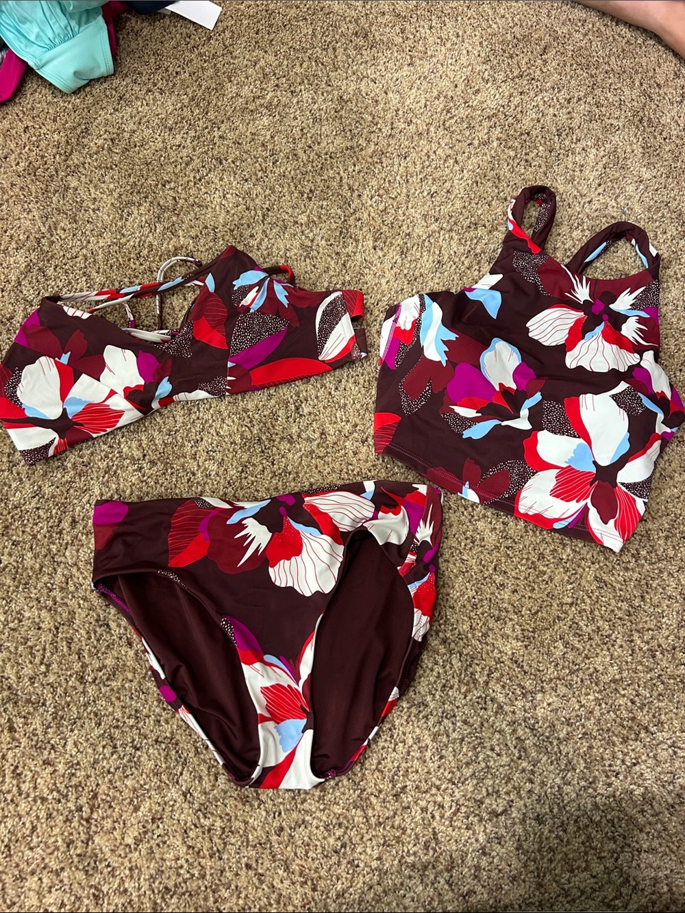 Athleta Maroon Floral Print Swim Bottoms with Red and White Accents